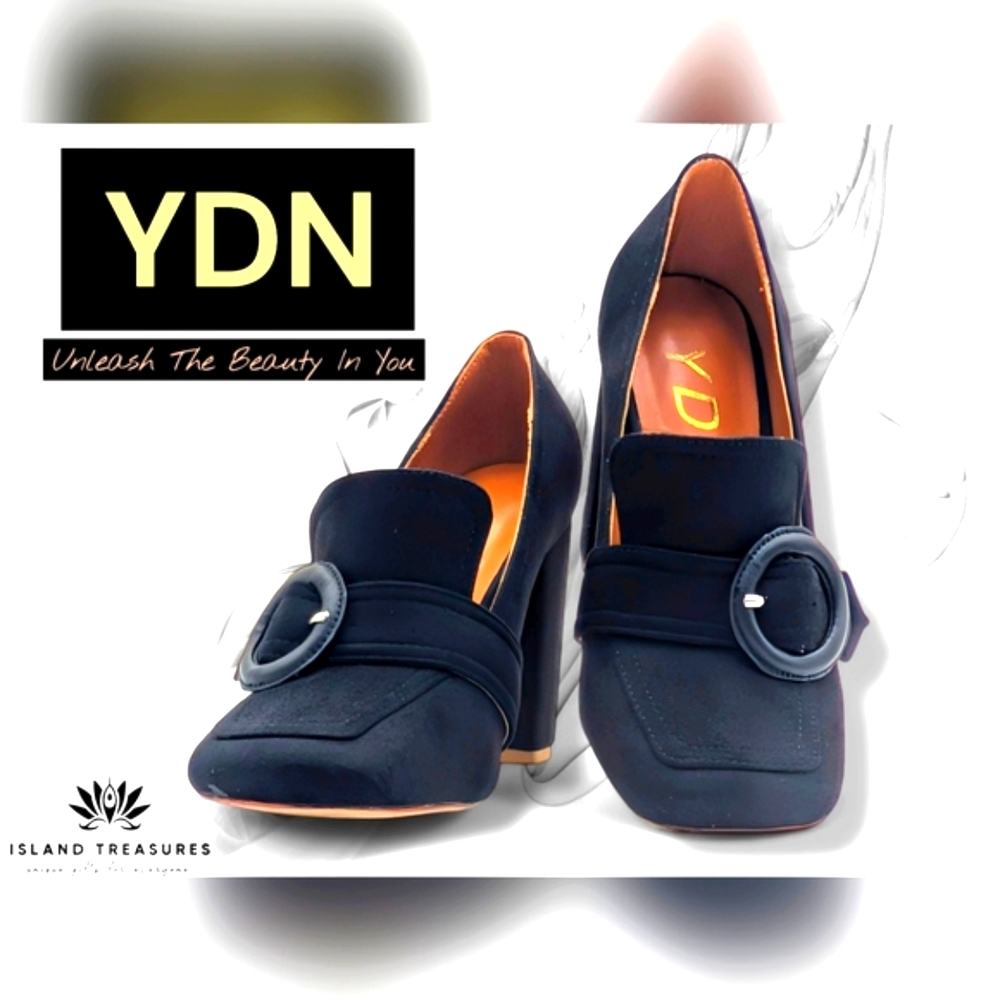 YDN Chunky High Heels Size 4 Square Toe Loafer Shoes Slip On Women Pumps Black